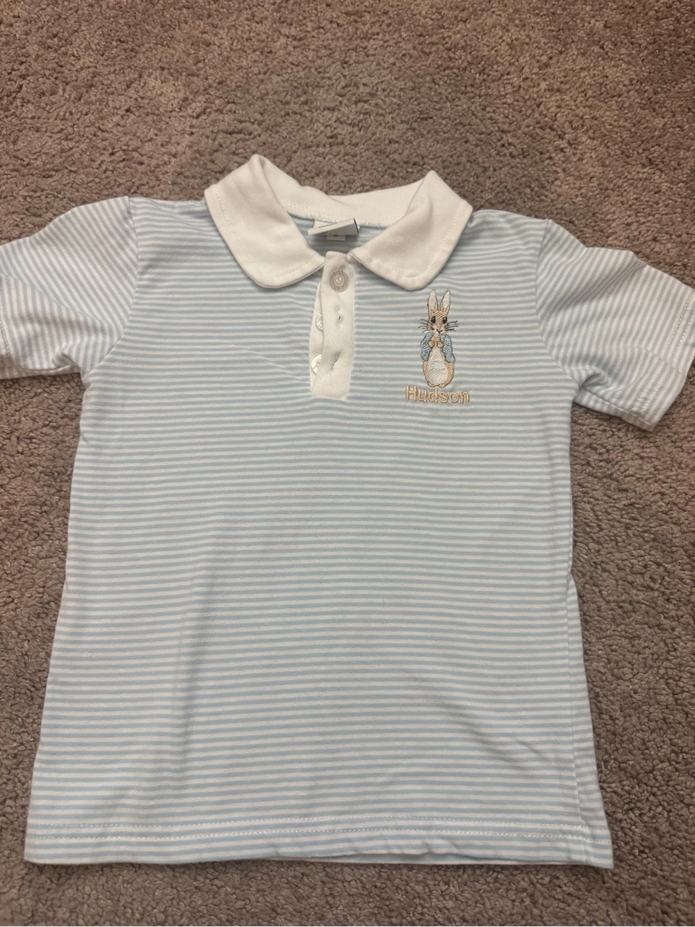 Hudson Baby Light Blue & White Striped Polo with Bunny Embroidery